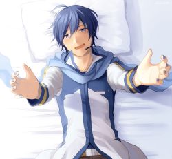 Rule 34 | 1boy, ahoge, arms up, bad id, bad twitter id, bed, belt, blue hair, blue nails, blue scarf, blush, coat, commentary, half-closed eyes, headset, kaito (vocaloid), light blush, looking at viewer, lying, male focus, nail polish, nokuhashi, on back, open mouth, outstretched arms, pillow, reaching, reaching towards viewer, scarf, short hair, smile, upper body, vocaloid, white coat