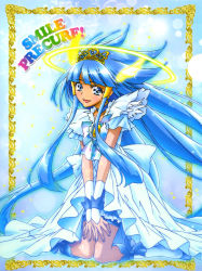 Rule 34 | 10s, 1girl, absurdres, aoki reika, blue dress, blue eyes, blue hair, blue theme, boots, copyright name, crown, cure beauty, cure beauty (princess form), dress, highres, kawamura toshie, kneeling, legs, long hair, matching hair/eyes, non-web source, official art, open mouth, precure, rainbow text, smile precure!, solo, twintails, very long hair