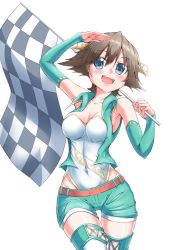 Rule 34 | 1girl, arm warmers, bad id, bad twitter id, blue eyes, boots, breasts, brown hair, cowboy shot, flag, flipped hair, green footwear, green vest, hairband, headgear, hiei (kancolle), highres, holding, holding flag, kantai collection, leotard, leotard under clothes, looking at viewer, medium breasts, oohashi yanta, open mouth, race queen, salute, short hair, simple background, smile, solo, thigh boots, vest, white background