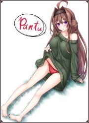 Rule 34 | 10s, 1girl, ahoge, bare legs, bare shoulders, blush, breasts, brown hair, casual, dress, hair intakes, hairband, highres, kantai collection, kongou (kancolle), large breasts, looking at viewer, nail polish, open mouth, panties, purple eyes, red panties, ribbed sweater, sitting, solo, sweater, sweater dress, underwear, yoye (pastel white)