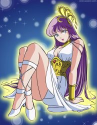 Rule 34 | 1girl, absurdres, ass, athena, blue eyes, breasts, highres, jewelry, kido saori, large breasts, legs, long hair, long image, looking at viewer, lots of jewelry, purple hair, saint seiya, smile, solo, thighs, third-party edit, vector trace, very long hair
