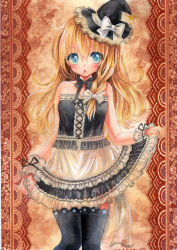 Rule 34 | 1girl, :o, alternate costume, artist name, bare shoulders, black thighhighs, blonde hair, blue eyes, blush, bow, braid, clothes lift, dated, hair bow, hat, hat bow, kirisame marisa, lifted by self, long hair, looking at viewer, mini hat, mosho, single braid, skirt, skirt lift, solo, standing, thighhighs, touhou, traditional media, white bow, witch hat, wrist cuffs