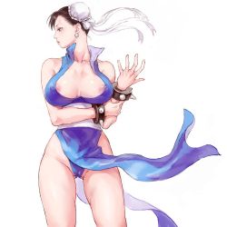 Rule 34 | 1girl, areola slip, bare shoulders, blue dress, bracelet, breasts, brown eyes, brown hair, cameltoe, capcom, chun-li, cleavage, cleft of venus, closed mouth, collarbone, commentary request, dress, earrings, fingernails, hair bun, hair ornament, jewelry, large breasts, legs, lips, looking to the side, nipples, panties, pelvic curtain, shiny skin, shu-mai, simple background, single hair bun, sleeveless, sleeveless dress, solo, spiked bracelet, spikes, standing, street fighter, street fighter ii (series), street fighter v, thighs, underwear, white background