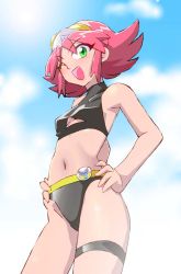 Rule 34 | 1girl, graphite (medium), green eyes, looking at viewer, mask, mask on head, millipen (medium), navel, onnaski, open mouth, penne (zoids wild), pink hair, short hair, smile, solo, swimsuit, traditional media, zoids, zoids wild