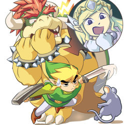 Rule 34 | 1boy, 1girl, bad id, bad pixiv id, black eyes, blonde hair, bowser, company connection, crossover, gameplay mechanics, ghost, gloves, holding, holding sword, holding weapon, horns, link, mario (series), masa (bowser), mouse (animal), nintendo, pointy ears, possessed, possession, princess zelda, red hair, scared, shield, super mario bros. 1, super smash bros., sweatdrop, sword, the legend of zelda, the legend of zelda: spirit tracks, toon link, toon zelda, weapon