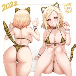 Rule 34 | 1girl, 2022, animal ears, animal print, areola slip, armpit crease, ass, back, backboob, bangle, bare back, bare shoulders, belt collar, bikini, blonde hair, bracelet, braid, braided bangs, breasts, brown collar, chinese zodiac, claw pose, cleavage, collar, collarbone, commentary request, cowboy shot, earrings, facial mark, facing away, fake animal ears, fake tail, fang, feet out of frame, fingernails, from behind, front-tie bikini top, front-tie top, glint, gradient background, grey background, grin, halterneck, hand up, hands up, happy new year, heart, heart facial mark, highres, jewelry, knees together feet apart, knees up, large breasts, light blush, looking at viewer, love live!, love live! nijigasaki high school idol club, medium hair, miyashita ai, multicolored nails, multiple views, nail art, nail polish, new year, orange eyes, outside border, print bikini, purple nails, shoulder blades, sidelocks, single braid, sitting, smile, standing, string bikini, swimsuit, tail, thigh gap, tiger ears, tiger print, tiger tail, unsfrau, v-shaped eyebrows, white background, wristband, year of the tiger, yellow nails