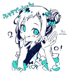Rule 34 | 1girl, :q, ars almal, blue bow, blue eyes, blue nails, blush, bow, braid, braided bangs, closed mouth, double bun, hair bow, hair bun, hands up, highres, long sleeves, monochrome, nail polish, nijisanji, ok sign, portrait, signature, simple background, smile, sofra, solo, swept bangs, tongue, tongue out, translation request, twitter username, v, virtual youtuber, white background