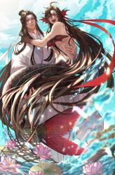Rule 34 | 2boys, absurdres, ahoge, bishounen, black scales, blue background, blue eyes, brown eyes, brown hair, carrying, carrying person, chinese clothes, closed mouth, completely nude, fins, fishing net, flower, full body, ganen cheese, hair bun, hanfu, head fins, headband, highres, lan wangji, lily pad, long hair, long sleeves, looking at viewer, lotus, male focus, merman, modao zushi, monster boy, multiple boys, nude, open mouth, outdoors, princess carry, scales, standing, toned, toned male, very long hair, water, wei wuxian, wet, wide sleeves