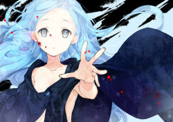 Rule 34 | 1girl, blood, blood on face, blue eyes, blue hair, cape, commentary request, fingernails, flat chest, kunagisa tomo, kuusou ryodan, long hair, looking at viewer, outstretched arm, parted lips, reaching, reaching towards viewer, solo, upper body, wind, zaregoto series