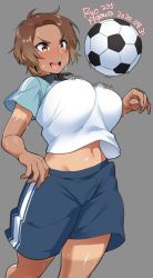 Rule 34 | 1girl, 2020, agawa ryou, artist name, bouncing breasts, breasts, brown eyes, brown hair, commentary, dark skin, dark-skinned female, dated, grey background, large breasts, midriff, navel, original, short hair, signature, simple background, soccer uniform, solo, sportswear, sweat, tan, tanline, thighs