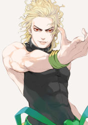 Rule 34 | 1boy, abs, bad id, bad pixiv id, bare shoulders, blonde hair, bracelet, collar, come hither, dio brando, earrings, eyelashes, haato, highres, jewelry, jojo no kimyou na bouken, lips, looking at viewer, male focus, muscular, red eyes, simple background, skin tight, sleeveless, sleeveless turtleneck, solo, turtleneck, wavy hair, white background
