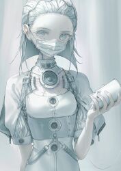 Rule 34 | 1girl, absurdres, breasts, capelet, colored eyelashes, commentary request, cup, dress, hair pulled back, highres, holding, holding cup, looking at viewer, mask, mouth mask, original, pale skin, roitz ( roitz ), short hair, small breasts, solo, string, string phone, surgical mask, white dress, white eyes, white hair, white theme