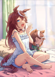 Rule 34 | 1girl, animal ears, ascot, babydoll, bare shoulders, barefoot, blush stickers, breasts, brown hair, character doll, curtains, gloves, green jacket, horse ears, horse girl, horse tail, jacket, long hair, multicolored hair, on bed, one eye closed, open mouth, sakimiya (inschool), signature, small breasts, soles, solo, spaghetti strap, streaked hair, symboli rudolf (umamusume), tail, toenails, toes, tokai teio (umamusume), umamusume, waking up, white ascot, white babydoll, white gloves, white hair, yawning