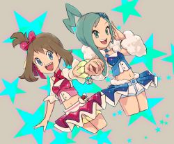 Rule 34 | 2girls, aqua hair, blue eyes, breasts, brown hair, creatures (company), earrings, game freak, hair ornament, holding hands, jewelry, lisia (pokemon), long hair, looking at viewer, may (pokemon), multiple girls, navel, nintendo, nyonn24, open mouth, pokemon, pokemon oras, shorts, smile