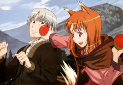 Rule 34 | 1boy, 1girl, absurdres, animal ears, apple, black eyes, brown hair, cloud, craft lawrence, day, food, fruit, highres, holo, jacket, long hair, non-web source, open mouth, red eyes, short hair, silver hair, sky, spice and wolf, tail, wolf ears, wolf tail