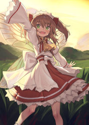 Rule 34 | 1girl, arm up, ascot, blouse, bow, brown hair, fairy wings, fang, grass, green eyes, hair bow, highres, legs apart, long sleeves, looking at viewer, open mouth, outdoors, red bow, red skirt, shirt, skirt, sky, smile, solo, standing, sunny milk, sunset, touhou, transparent wings, two side up, waving, white bow, white shirt, wide sleeves, wings, yamamomo (plank), yellow ascot, yellow sky