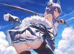 Rule 34 | 1girl, black skirt, black thighhighs, cloud, commentary, cowboy shot, day, eyepatch, fur-trimmed jacket, fur trim, gloves, headgear, holding, holding sword, holding weapon, izumi sai, jacket, kantai collection, leaning forward, long sleeves, looking at viewer, necktie, off shoulder, outdoors, parted lips, partially fingerless gloves, pleated skirt, pocket, purple hair, remodel (kantai collection), shirt, skirt, sky, sleeveless, sleeveless shirt, smile, sword, tenryuu (kancolle), thighhighs, weapon, white shirt, yellow eyes