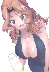 Rule 34 | 1girl, :d, alcohol, blonde hair, blue dress, blue eyes, breasts, champagne, champagne flute, cleavage, commentary, cup, dress, drinking glass, dutch angle, formal, girls und panzer, hair intakes, halterneck, highres, holding, holding cup, kay (girls und panzer), kyougi sharyou, large breasts, long dress, long hair, looking at viewer, open mouth, simple background, sleeveless, sleeveless dress, smile, solo, standing, white background