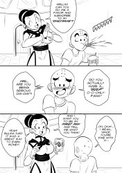 Rule 34 | 1boy, 1girl, bald, beer can, blush, bracelet, breasts, can, cellphone, chi-chi (dragon ball), chinese clothes, comic, commentary, dragon ball, dragonball z, drink can, english commentary, english text, facial mark, forehead mark, funsexydb, greyscale, hair bun, highres, holding, holding phone, jewelry, kuririn, large breasts, monochrome, onlyfans, open mouth, phone, pointing, single hair bun, smartphone, smile, spit take, spitting, sweat