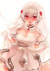 Rule 34 | 1girl, black choker, blush, breasts, bridal veil, choker, cleavage, clothes lift, dress, dress lift, flower, gloves, highres, lace trim, large breasts, long hair, looking at viewer, open mouth, original, pointy ears, red eyes, red flower, see-through silhouette, sidelocks, solo, veil, wedding dress, white dress, white gloves, white hair, white neckwear, zerocat