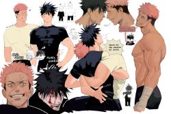 Rule 34 | 2boys, abs, absurdres, bandaged hand, bandages, black pants, black shirt, blush, closed eyes, closed mouth, fushiguro megumi, highres, hug, iba (kcokaine), itadori yuuji, jujutsu kaisen, large pectorals, looking at another, looking at viewer, male focus, multiple boys, muscular, muscular male, nipples, pants, pectorals, scar, scar on face, shirt, simple background, smile, teeth, topless male, white background, white shirt, yaoi