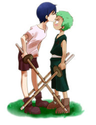 Rule 34 | 1boy, 1girl, aged down, bare shoulders, binu, blue hair, blush, brown footwear, child, closed eyes, from side, full body, grass, green hair, height difference, hetero, holding, holding weapon, image sample, kiss, kissing forehead, kuina, multiple weapons, one piece, pink shirt, pixiv sample, profile, purple shorts, red shorts, resized, roronoa zoro, sanpaku, shinai, shirt, shoelaces, shoes, shorts, simple background, sleeveless, sword, t-shirt, tomboy, uniform, v-neck, v-shaped eyebrows, weapon, white background, wooden sword
