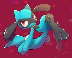 Rule 34 | absurdres, closed mouth, commentary, creatures (company), full body, game freak, gen 4 pokemon, highres, looking at viewer, nintendo, nullma, pokemon, pokemon (creature), red background, red eyes, riolu, signature, solo, toes