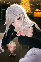 Rule 34 | 1girl, black dress, black sweater, blanc (blanc97), blue eyes, blurry, blurry background, blush, commentary, cowboy shot, dress, earrings, food, giving, grey hair, hand on own face, highres, holding, holding spoon, ice cream, jewelry, long hair, looking at viewer, night, off-shoulder sweater, off shoulder, open mouth, original, outdoors, pants, pov, shirt, sidelocks, sitting, smile, solo, spoon, sundae, sweater, swept bangs, symbol-only commentary, table, teeth, tree, turtleneck, white pants, white shirt