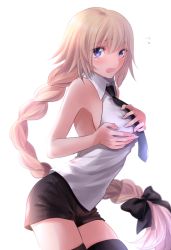 Rule 34 | 1girl, bare arms, bare shoulders, black bow, black necktie, black thighhighs, blonde hair, blue eyes, blush, bow, braid, breasts, cowboy shot, embarrassed, fate/apocrypha, fate (series), flying sweatdrops, from side, hair bow, jeanne d&#039;arc (fate), jeanne d&#039;arc (girl from orleans) (fate), jeanne d&#039;arc (ruler) (fate), long hair, looking at viewer, looking to the side, low-tied long hair, medium breasts, necktie, omizu (omz), shirt, short shorts, shorts, sideboob, single braid, sleeveless, sleeveless shirt, solo, sweat, thighhighs, very long hair, white shirt