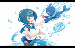 Rule 34 | 1girl, bare shoulders, blue eyes, blue hair, blue pants, blue sailor collar, capri pants, collarbone, commentary request, creatures (company), game freak, gen 7 pokemon, hairband, highres, lana (pokemon), nintendo, one-piece swimsuit, one eye closed, open mouth, outstretched arms, pants, pokemon, pokemon (creature), pokemon sm, popplio, sailor collar, school swimsuit, shirt, short hair, sleeveless, sleeveless shirt, spread arms, swimsuit, swimsuit under clothes, tadano omake, trial captain, water, water drop, white background, white shirt, yellow hairband