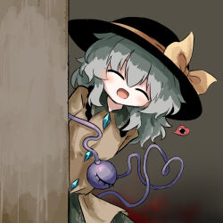 1girl ^_^ black_hat blouse blush bow buttons closed_eyes commentary_request diamond_button facing_viewer frilled_shirt_collar frills green_hair green_skirt hat hat_bow hat_ribbon heart heart_of_string heripantomorrow komeiji_koishi medium_hair open_mouth partial_commentary ribbon shirt skirt smile solo third_eye touhou yellow_bow yellow_ribbon yellow_shirt