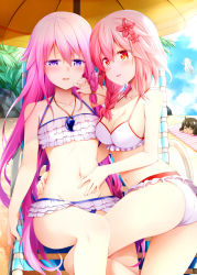 Rule 34 | 3girls, bare arms, bare shoulders, bikini, blush, braid, breasts, brown hair, character request, cleavage, collarbone, day, flat chest, hair between eyes, long hair, looking at viewer, magatama, multiple girls, navel, open mouth, original, outdoors, pink hair, purple eyes, red eyes, rui shi (rayze ray), sergestid shrimp in tungkang, short hair, short hair with long locks, side braid, single braid, smile, swimsuit, very long hair, xuan ying