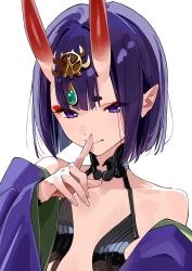 Rule 34 | 1girl, absurdres, bare shoulders, breasts, collarbone, eyeliner, fate/grand order, fate (series), headpiece, highres, horns, index finger raised, japanese clothes, kimono, kinjin, long sleeves, looking at viewer, makeup, off shoulder, oni, pointy ears, purple eyes, purple hair, purple kimono, revealing clothes, short hair, shuten douji (fate), skin-covered horns, small breasts, solo, wide sleeves