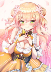 Rule 34 | 1girl, absurdres, bare shoulders, blonde hair, blush, breasts, breasts squeezed together, cleavage, double bun, dress, flower, frilled dress, frills, gradient hair, green eyes, hair between eyes, hair bun, hair flower, hair ornament, highres, hololive, leaning to the side, licking lips, long hair, looking at viewer, medium breasts, momosuzu nene, multicolored hair, orange dress, petals, pink hair, smile, solo, terra bose, tongue, tongue out, underbust, upper body, very long hair, virtual youtuber, wavy hair