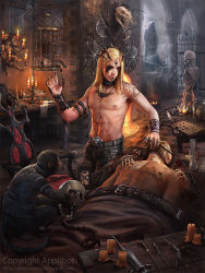 Rule 34 | 2boys, abs, alex negrea, axe, bare shoulders, beard, blonde hair, blood, blue eyes, bracelet, candle, doll, closed eyes, faceless, faceless male, facial hair, facial mark, feathers, ghost, hair ornament, jewelry, legend of the cryptids, long hair, male focus, monkey, multiple boys, navel, necklace, official art, ring, scar, scissors, shield, topless male, skull, snake, solo focus, sword, syringe, tattoo, watermark, weapon, web address