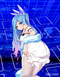 Rule 34 | 1girl, ass, ass focus, bare shoulders, bent over, blue hair, dress, frilled dress, frills, hand on ass, highres, lee domino, long hair, looking at viewer, pantyhose, purple eyes, rilliona (yu-gi-oh!), smug, tiara, white dress, white pantyhose, witchcrafter madame verre, yu-gi-oh!