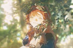 Rule 34 | 1girl, blurry, blurry background, braid, branch, chinese commentary, commentary request, day, dress, green eyes, grey dress, hand on own chest, hand up, high collar, highres, long hair, long sleeves, looking at viewer, orange hair, outdoors, parted lips, reverse:1999, side braid, smile, solo, sonetto (reverse:1999), two side up, weibo watermark, wuhuai zhuji