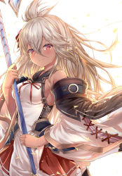 Rule 34 | 1girl, absurdres, bare shoulders, blush, bow, bowtie, breasts, gold trim, granblue fantasy, hair ornament, highres, holding, holding weapon, lips, long hair, looking at viewer, medium breasts, polearm, red eyes, scan, shiny skin, simple background, skirt, smile, solo, topia, upper body, weapon, white hair, wide sleeves, zooey (granblue fantasy)