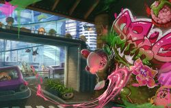 Rule 34 | &gt;:), backwards hat, blue eyes, bridge, car, carrying, city, cityscape, commentary request, copy ability, crate, driving, graffiti, hat, highres, insect wings, jetpack, kirby, kirby (series), koozer, leafan, motor vehicle, nintendo, no humans, overpass, paint, paint kirby, paintbrush, plant, road, sakatani yen, scenery, smile, spray paint, street, waddle dee, wings