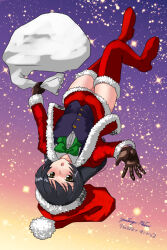 Rule 34 | 1girl, black eyes, black hair, bow, bowtie, christmas, full body, girls und panzer, gloves, green bow, green bowtie, hat, holding, holding sack, looking at viewer, matsui yasutsugu, one-hour drawing challenge, red footwear, reizei mako, sack, santa costume, santa hat, signature, simple background, smile, solo, star (symbol), starry background, waistcoat