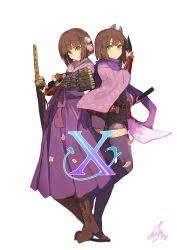 Rule 34 | 2girls, armor, boots, brown footwear, brown hair, closed mouth, commentary, english commentary, flower, green eyes, hair flower, hair ornament, highres, holding, holding sword, holding weapon, japanese armor, japanese clothes, katana, kimono, kusazuri, lansane, looking at viewer, multiple girls, purple kimono, purple legwear, sandals, sash, scabbard, etrian odyssey, sheath, signature, simple background, sword, thighhighs, weapon, white background