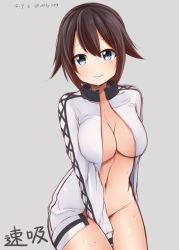 Rule 34 | 10s, 1girl, between legs, black eyes, blue eyes, blush, breasts, brown hair, character name, cleavage, covering privates, covering crotch, female focus, hand between legs, hayasui (kancolle), highres, hoshimiya aki, jacket, kantai collection, large breasts, looking at viewer, naked jacket, navel, short hair, simple background, sketch, smile, solo, sweat, track jacket, wavy mouth
