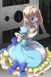 Rule 34 | 1girl, arms behind back, ball gag, bdsm, blonde hair, blue bow, blue dress, blue eyes, bondage, bound, bound arms, bound wrists, bow, diadem, dress, female focus, frilled dress, frills, gag, gagged, gloves, highres, jewelry, kneeling, leshade entis, looking at viewer, mia luna tearmoon, puffy sleeves, restrained, rope, shibari, shibari over clothes, short hair, short sleeves, solo, tearmoon teikoku monogatari, tears, white gloves, wiffle gag