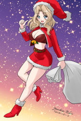 Rule 34 | 1girl, alternate costume, ankle boots, artist name, bell, belt, black belt, black shirt, blonde hair, blue background, blue eyes, boots, breasts, christmas, cleavage, commentary, crop top, dated, fur-trimmed jacket, fur-trimmed skirt, fur trim, girls und panzer, gradient background, hair intakes, hat, holding, holding sack, jacket, jingle bell, kay (girls und panzer), large breasts, long hair, long sleeves, looking at viewer, matsui yasutsugu, midriff, miniskirt, one-hour drawing challenge, open mouth, orange background, pencil skirt, red footwear, red hat, red jacket, red skirt, sack, santa boots, santa costume, santa hat, shirt, shrug (clothing), signature, skirt, smile, solo, standing, standing on one leg, star (symbol), starry background, thumbs up