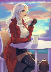 Rule 34 | 1girl, black footwear, black gloves, black skirt, blue sky, boots, breasts, carmilla (fate), carmilla (traveling outfit) (fate), chair, cloud, coat, commentary request, cup, dog, fate/grand order, fate (series), gloves, highres, large breasts, long hair, looking at viewer, looking to the side, red coat, sangatsu (mitsuki358), silver hair, sitting, skirt, sky, solo, sunset, sweater, table, thigh boots, thighhighs, trench coat, turtleneck, wavy hair, white sweater, yellow eyes