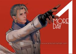 Rule 34 | 1boy, black gloves, blonde hair, brilcrist, closed mouth, coat, collared shirt, countdown, final fantasy, final fantasy vii, final fantasy vii rebirth, final fantasy vii remake, fingerless gloves, gloves, grey shirt, hair slicked back, instagram logo, instagram username, light smile, long sleeves, male focus, outstretched hand, portrait, red background, rufus shinra, shirt, short sleeves, solo, tumblr username, twitter logo, twitter username, upper body, white coat