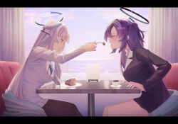 Rule 34 | 2girls, black skirt, blue archive, blue necktie, cake, cake slice, closed eyes, closed mouth, coffee, collared shirt, cup, food, fork, formal, grey hair, halo, hanamaru tsubaki, holding, holding fork, letterboxed, long hair, long sleeves, mechanical halo, multiple girls, necktie, noa (blue archive), open mouth, pleated skirt, purple eyes, purple hair, shirt, sitting, skirt, smile, suit, two side up, white shirt, white skirt, yuuka (blue archive)