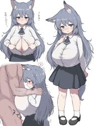 Rule 34 | 1boy, 1girl, animal ear fluff, animal ears, black footwear, black neckerchief, black skirt, breasts, cleavage, clothed female nude male, collared shirt, grey hair, heart, height difference, hetero, highres, huge breasts, light smile, long hair, long sleeves, looking at viewer, miniskirt, neckerchief, nude, oppai loli, original, paizuri, paizuri under clothes, perpendicular paizuri, pigeon-toed, shirt, shoes, simple background, skirt, socks, spoken heart, standing, standing paizuri, tail, tozaumo, unbuttoned, unbuttoned shirt, white background, white shirt, white socks, wing collar, wolf ears, wolf girl, wolf tail