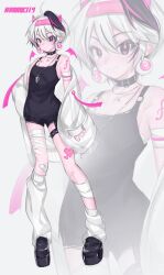Rule 34 | 1girl, androgynous, bandaged arm, bandaged leg, bandages, bandaid, bandaid on knee, bandaid on leg, black choker, black hair, black shorts, black tank top, bridal garter, chain, chain necklace, choker, demon horns, demon wings, ear piercing, earrings, flower (vocaloid), full body, highres, horns, jacket, jacket partially removed, jewelry, multicolored hair, necklace, piercing, pink hair, short hair, shorts, solo, tank top, vocaloid, vorqcity, white hair, white jacket, wings