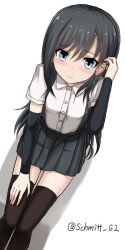 Rule 34 | 10s, 1girl, arm warmers, asashio (kancolle), black hair, black thighhighs, blue eyes, blush, collared shirt, from above, grey skirt, hand on thigh, highres, kantai collection, long hair, looking at viewer, looking up, pleated skirt, school uniform, shirt, simple background, sitting, skirt, smile, solo, suspenders, thighhighs, twitter username, white background, yakob labo